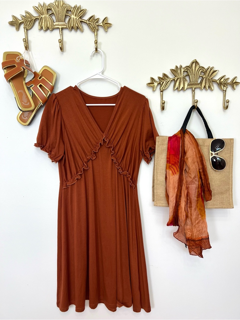 Rust Ruffle-Trim Midi Dress with Short Puff Sleeves l ptp 22” l 40”